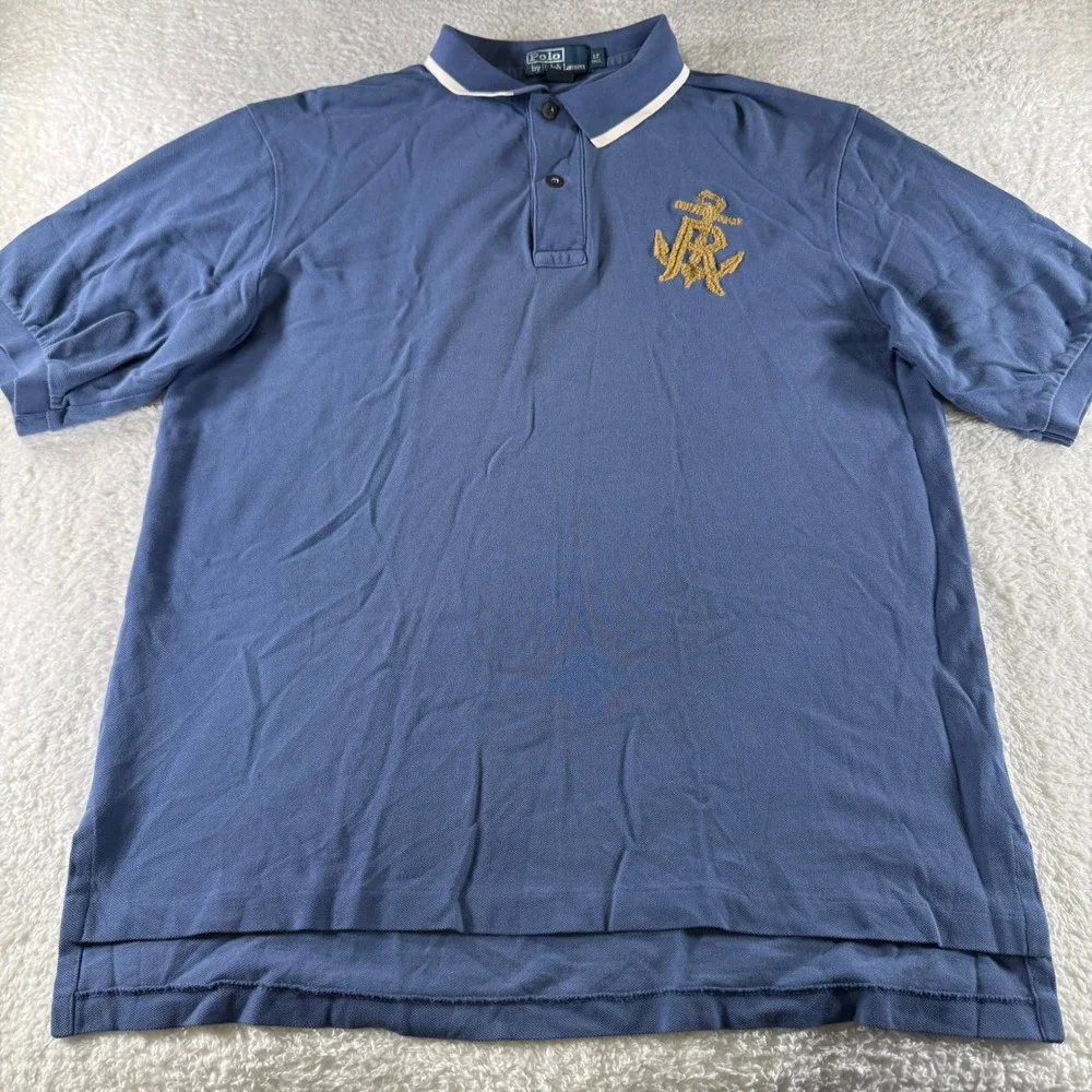 Y2K Polo Ralph Lauren Blue Polo Shirt Short Sleeve Anchor Logo‎ LT Large Tall